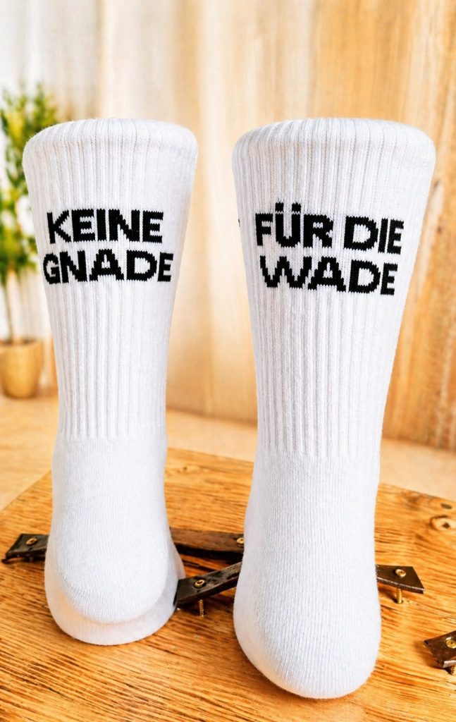 Weiße Socken mit dem schwarzen Schriftzug „Keine Gnade für die Wade“